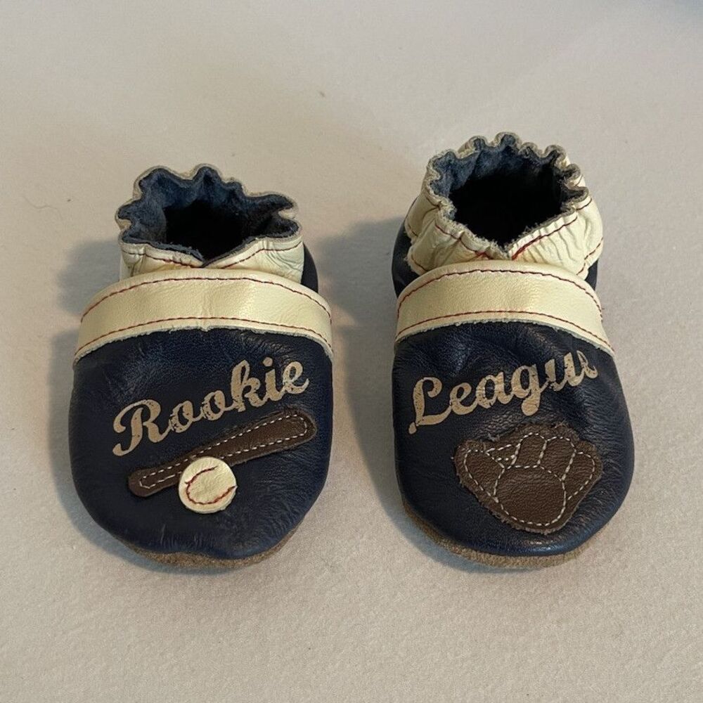 Robeez Leather Slip-On Baby Shoes Blue/White Baseball Embroidered 0-6 Months